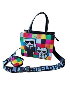 Karl Lagerfeld Multicolor Checked Crossbody Tote with Character Patches
